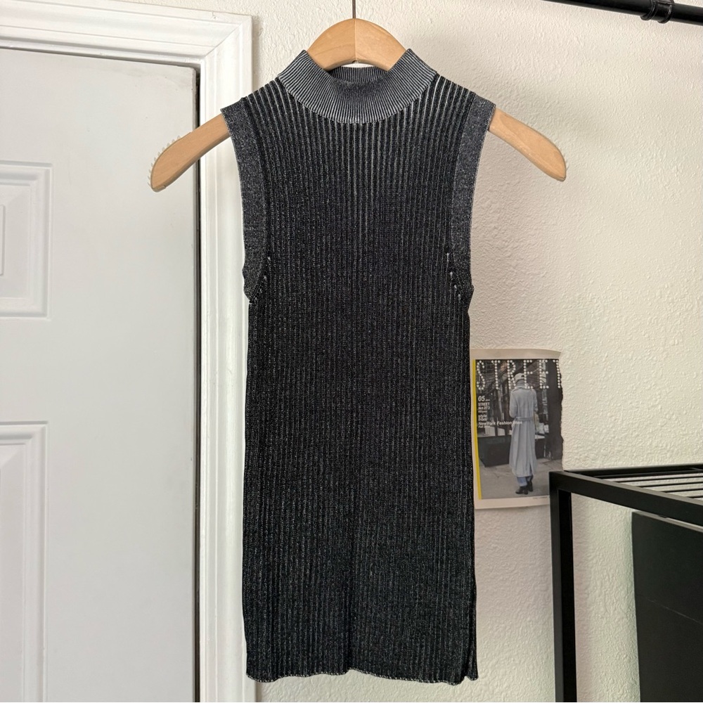 PARI DESAI dark grey mock neck rib ribbed knit stretch cropped tank top